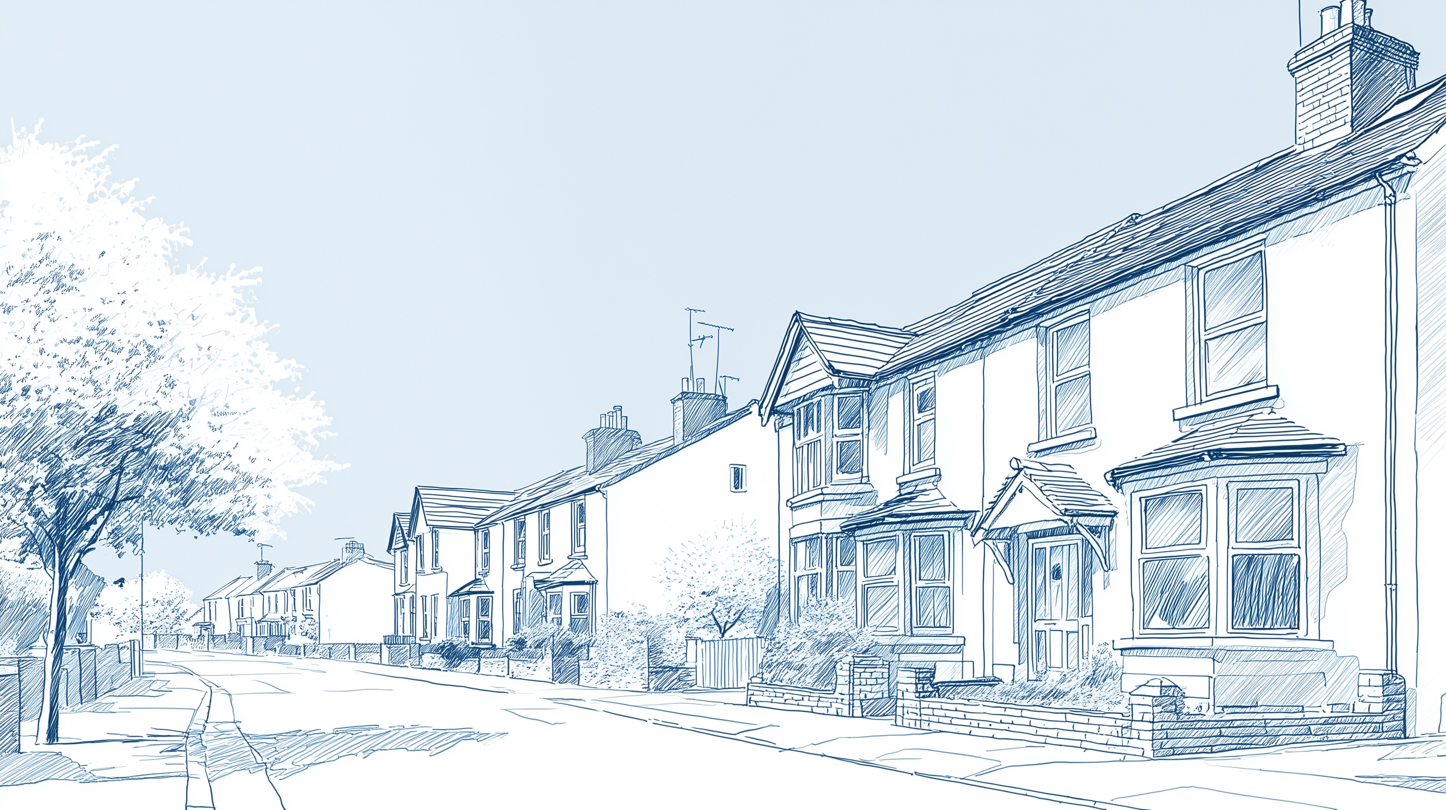 Architectural line drawing of a British residential street