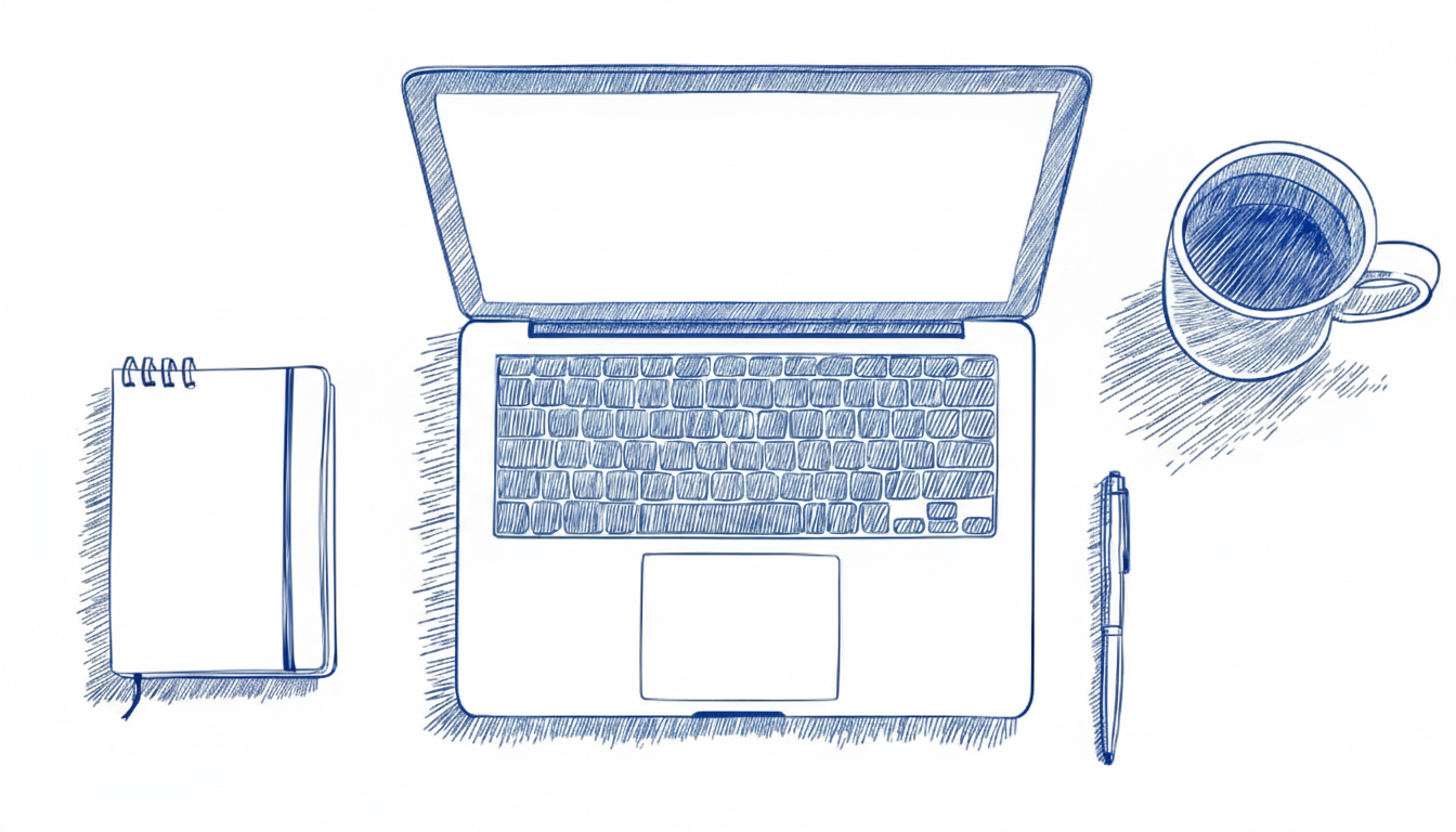 Line drawing of a content workspace with laptop, notebook, and coffee